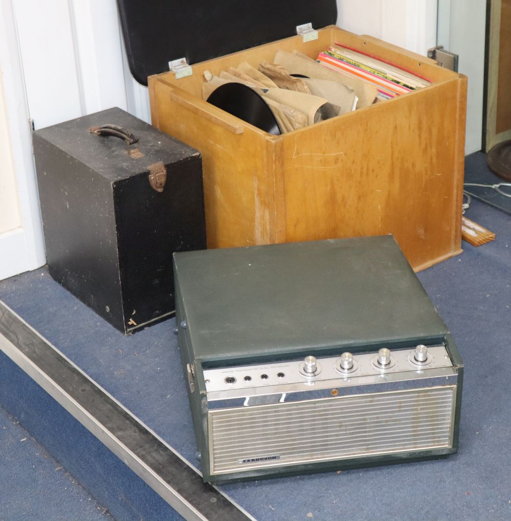 Two boxes of LPs/78s with record player